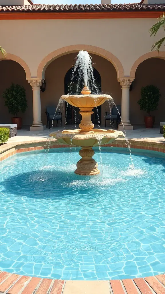 23+ Stunning Spanish Style Pool Designs to Inspire Your Backyard Oasis 6 A beautiful fountain in a Spanish-style pool setting with clear blue water and brick detailing.