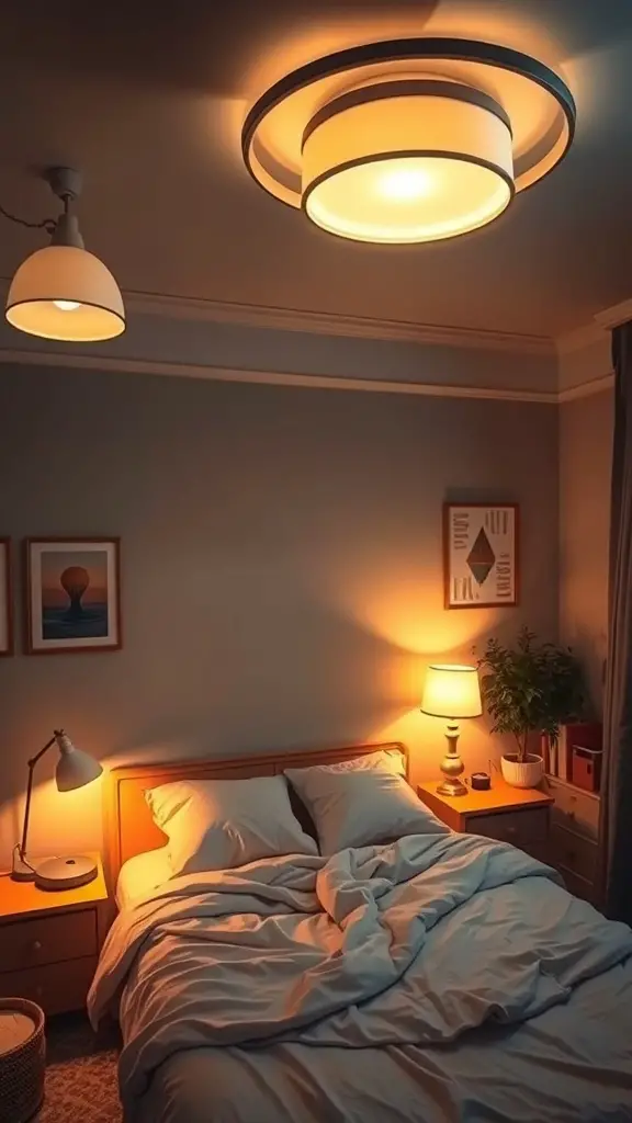 35+ Stunning Small Bedroom Interior Ideas for Cozy Spaces 6 A cozy small bedroom with layered lighting from a ceiling fixture, bedside lamp, and desk lamp.