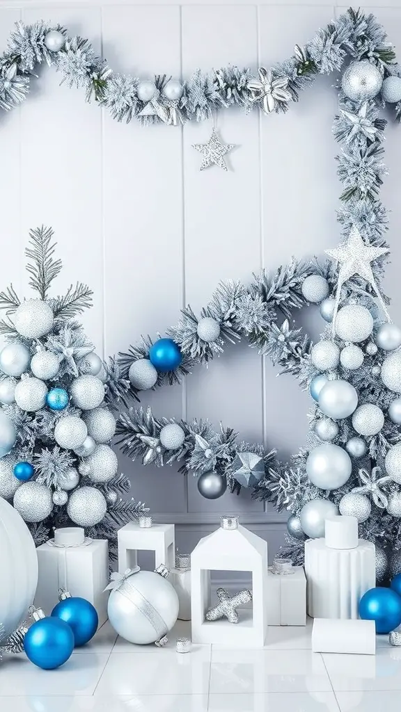 Chic silver and blue Christmas decor featuring garlands, ornaments, and decorative elements.