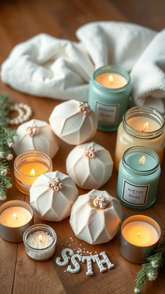 A cozy spa setup featuring bath bombs, candles, and a soft towel.
