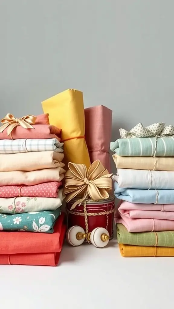 Colorful fabric gift wraps neatly folded and tied with bows