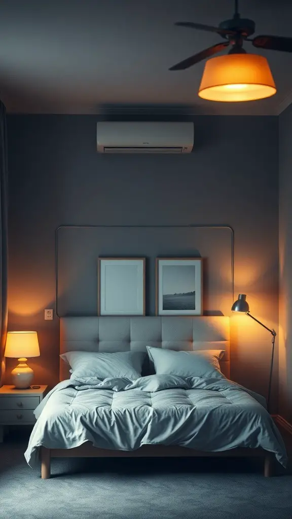 31+ Stylish Bedroom Ideas for Small Rooms 15 A cozy bedroom with soft lighting, featuring a bed, bedside lamps, and a ceiling light.