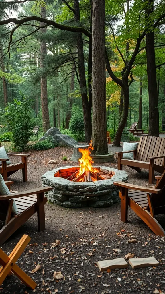 A cozy fire pit surrounded by wooden chairs in a lush woodland garden