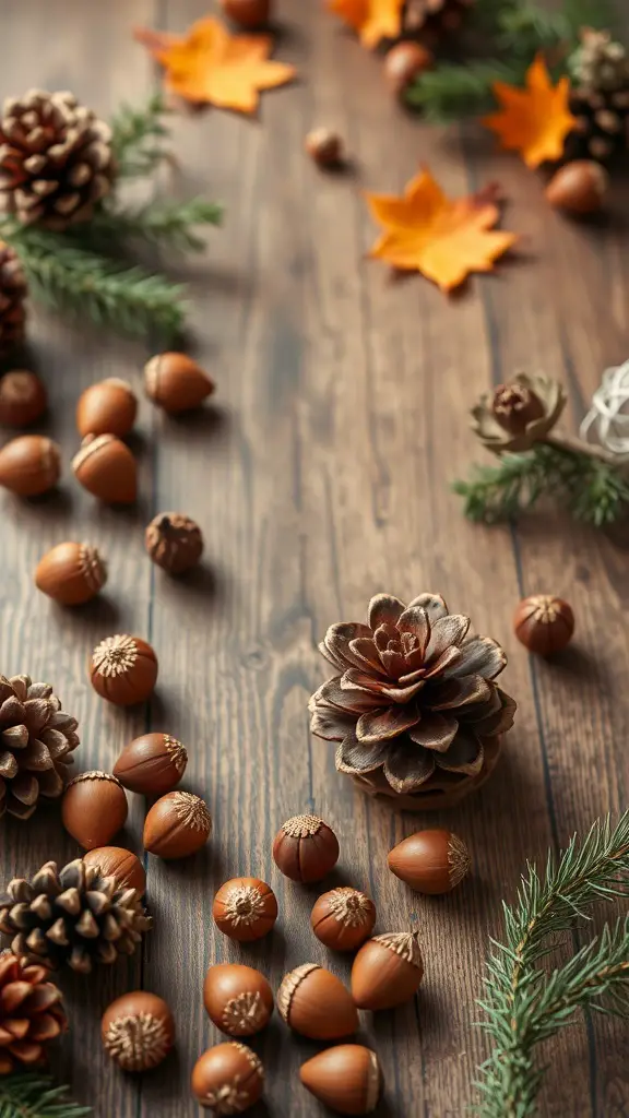 A collection of acorns and pinecones on a wooden surface, surrounded by autumn leaves.