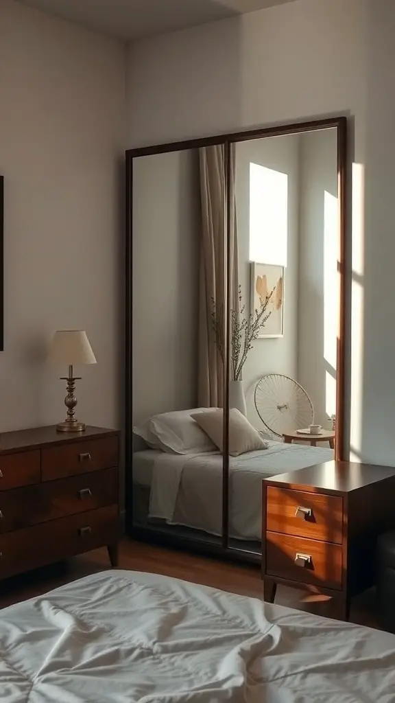 A cozy bedroom featuring a large mirror that reflects natural light, enhancing the space.