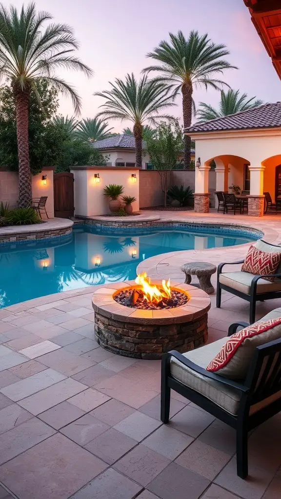 23+ Stunning Spanish Style Pool Designs to Inspire Your Backyard Oasis 15 A charming fire pit surrounded by seating near a pool, with palm trees in the background.