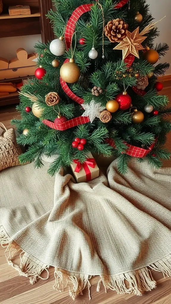 A beautifully decorated Christmas tree with a textured, natural tree skirt.