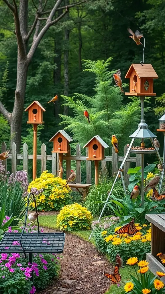 A colorful garden with birdhouses, flowers, and butterflies, creating a wildlife habitat.