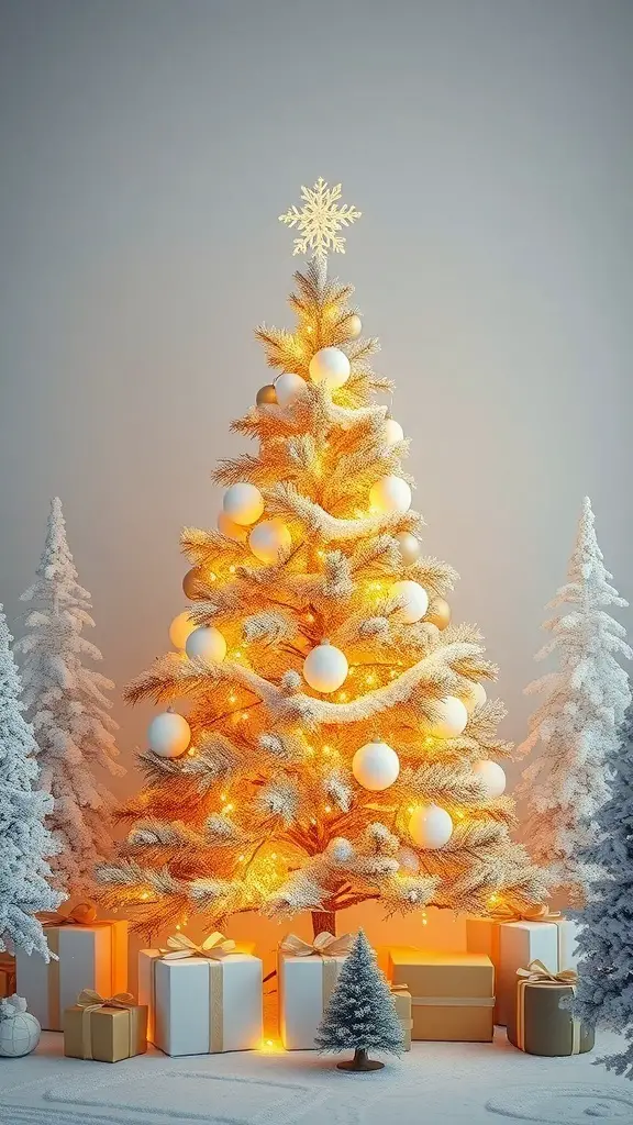 A beautifully decorated golden Christmas tree with white ornaments and gifts underneath, surrounded by snowy trees.