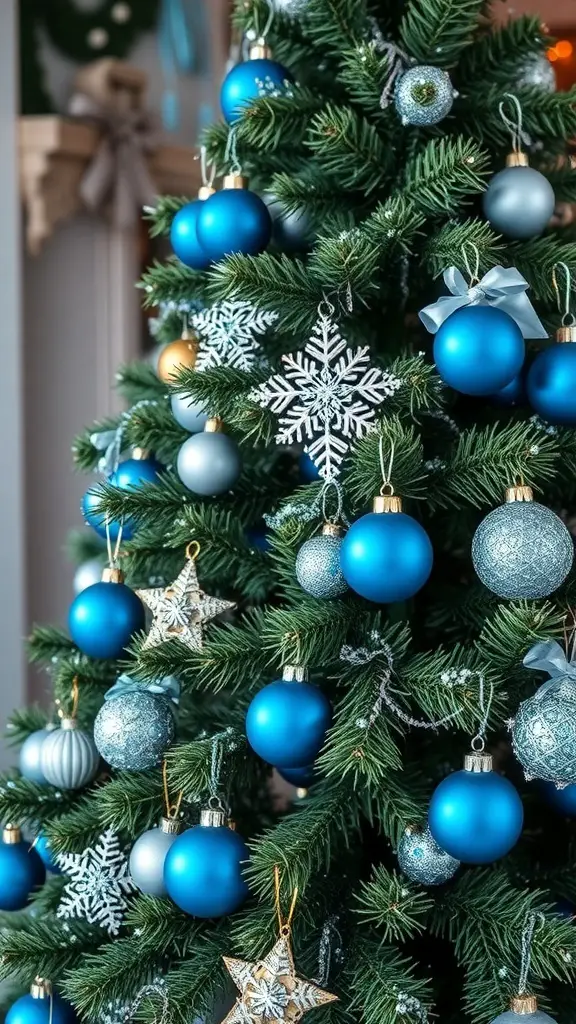 A hunter green Christmas tree decorated with blue ornaments and snowflakes.