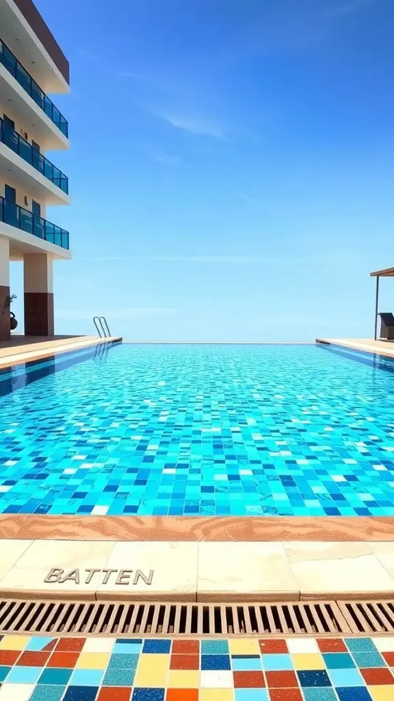 A beautiful mosaic tiled hotel pool with vibrant blue tiles and a clear sky.