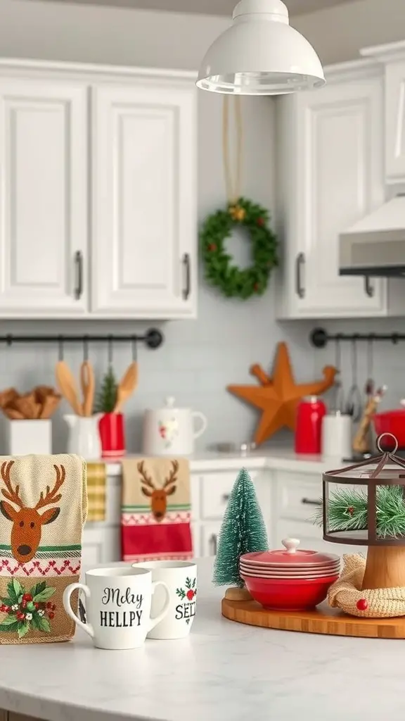 A cozy holiday-themed kitchen with festive decor including reindeer dish towels, a mini Christmas tree, and holiday mugs.