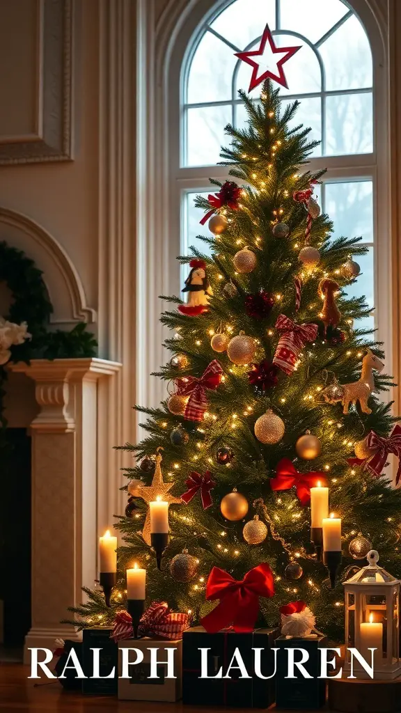 A beautifully decorated Ralph Lauren Christmas tree with candles and ornaments, creating a cozy holiday atmosphere.