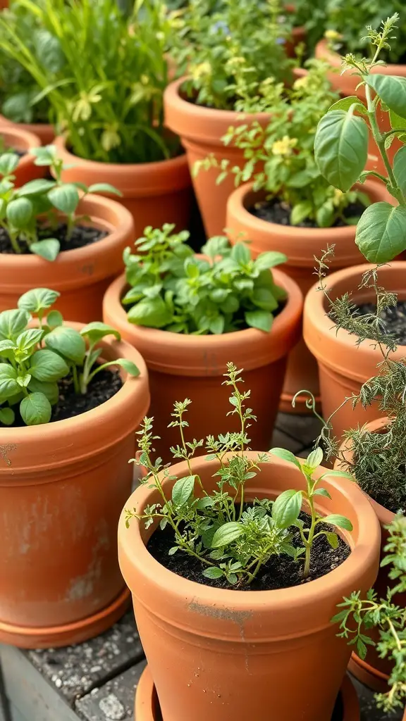 27+ Stunning Greek Garden Ideas for a Mediterranean Oasis 9 A collection of terracotta planters filled with various herbs like basil, thyme, and mint.