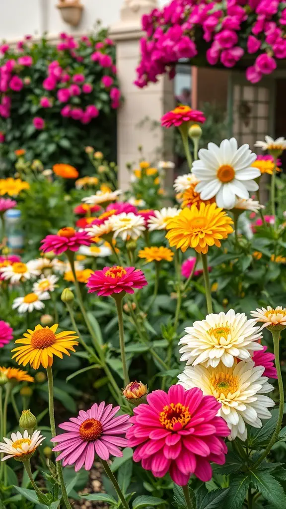 25+ Stunning Spanish Garden Hacienda Style Ideas to Transform Your Outdoor Space 15 Colorful flowers in a Spanish garden, featuring zinnias and daisies with bougainvillea in the background.
