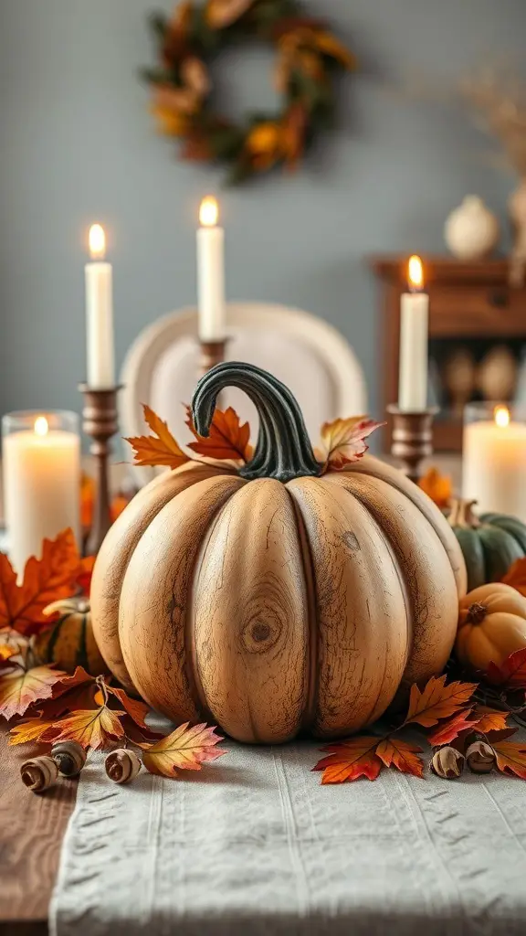A wooden pumpkin centerpiece surrounded by autumn leaves and candles.