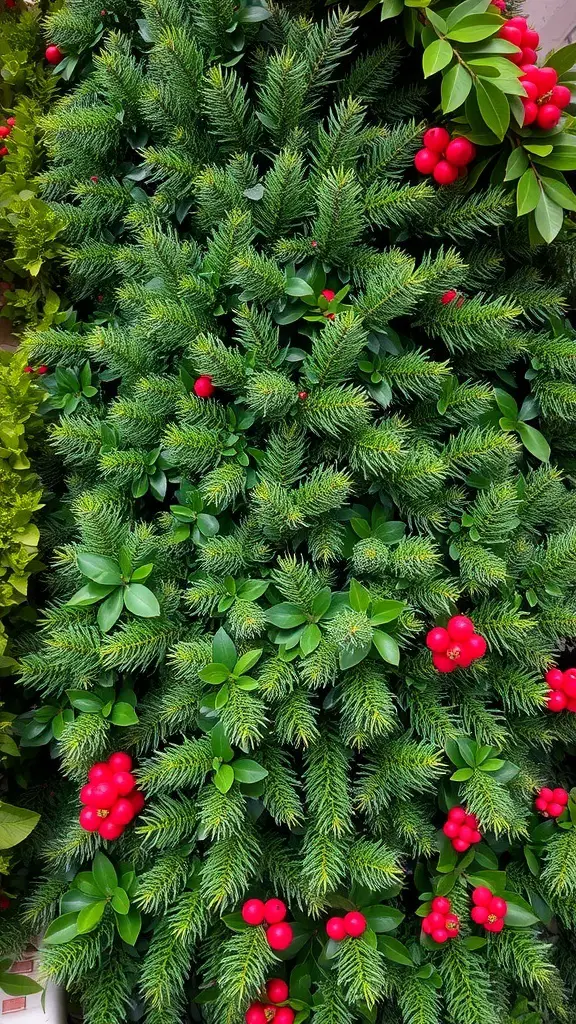 A close-up view of lush green branches with red berries, perfect for an earthy Christmas tree.