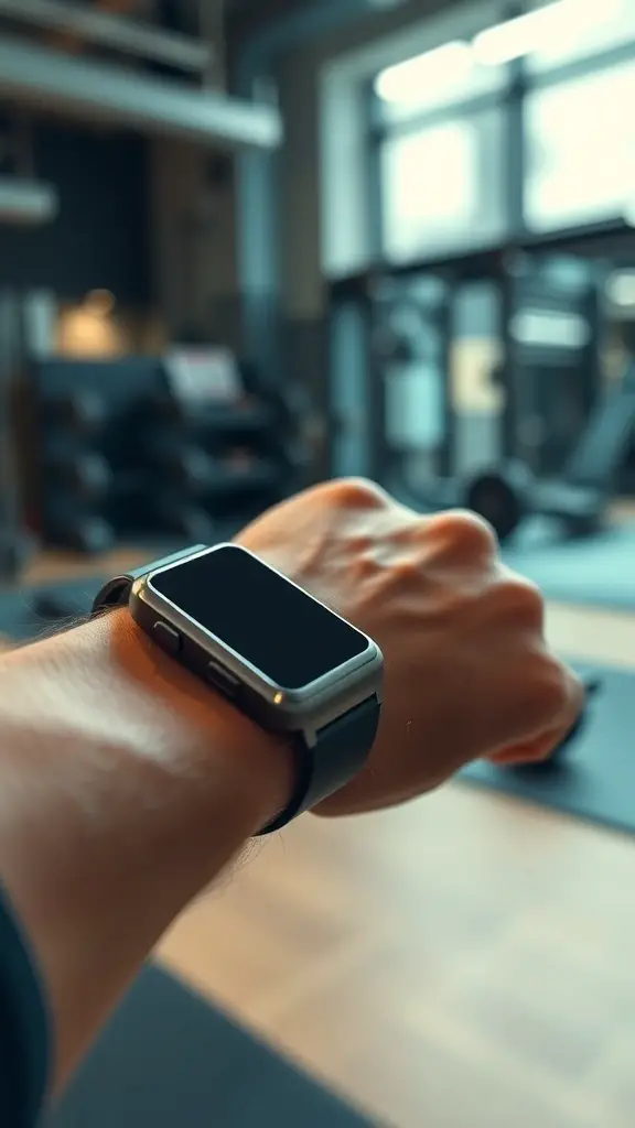 A close-up of a fitness tracker on a person's wrist in a gym setting.
