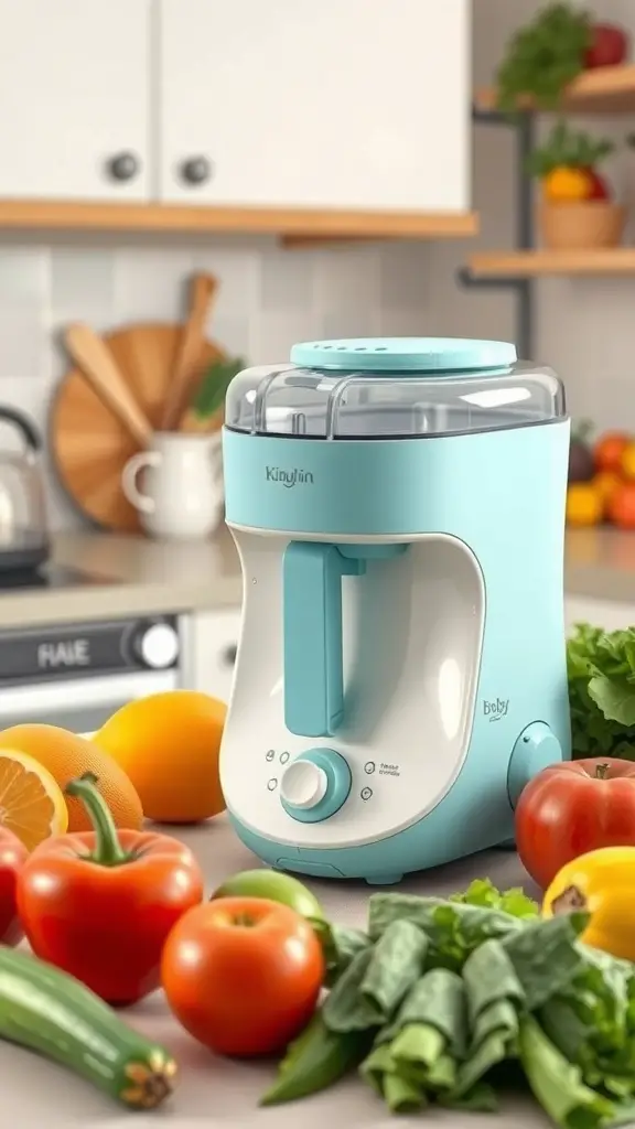 A blue baby food maker with fresh fruits and vegetables around it.