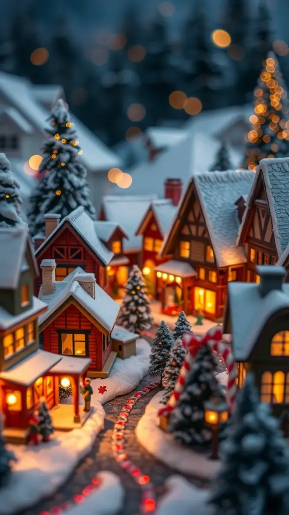 A charming Christmas village with snow-covered houses, twinkling lights, and festive decorations.