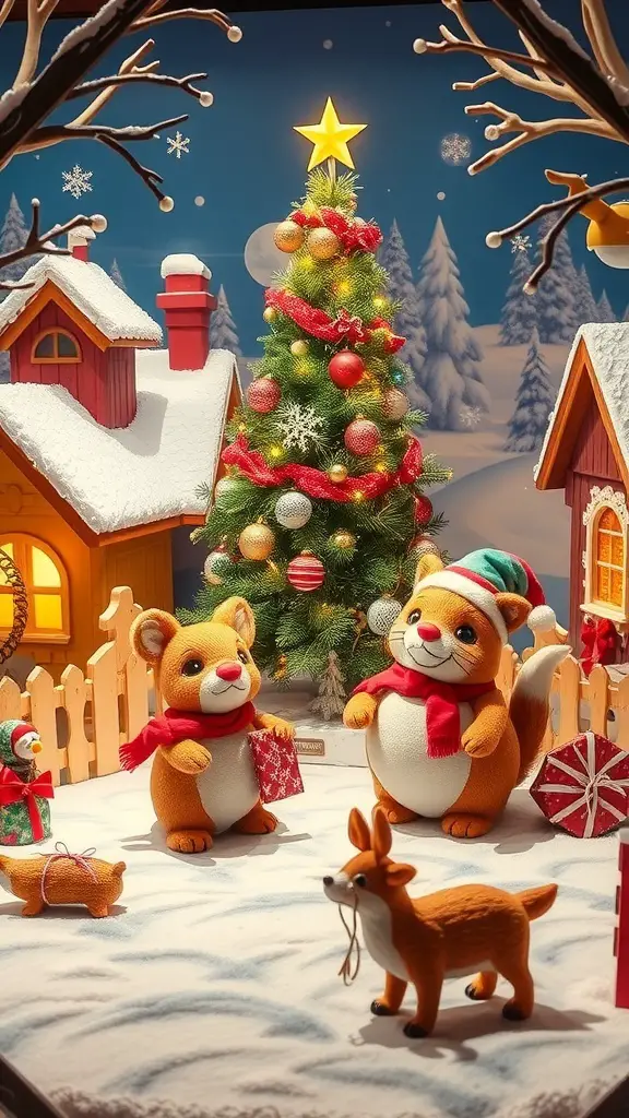 A whimsical holiday display featuring anthropomorphic animals, a decorated Christmas tree, and a snowy backdrop.