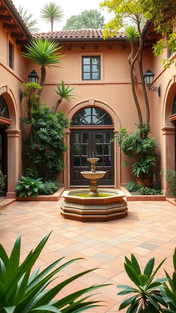 29+ Inspiring Spanish Revival Home Designs You’ll Love 4 A beautiful courtyard in a Spanish Revival home featuring a fountain and lush greenery.