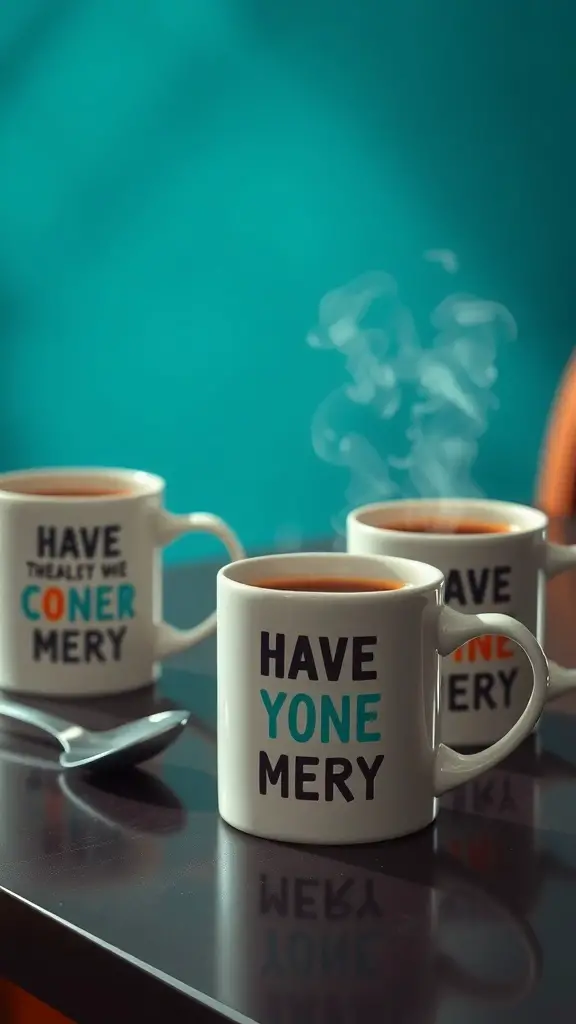 Three personalized mugs with steaming hot drinks on a table