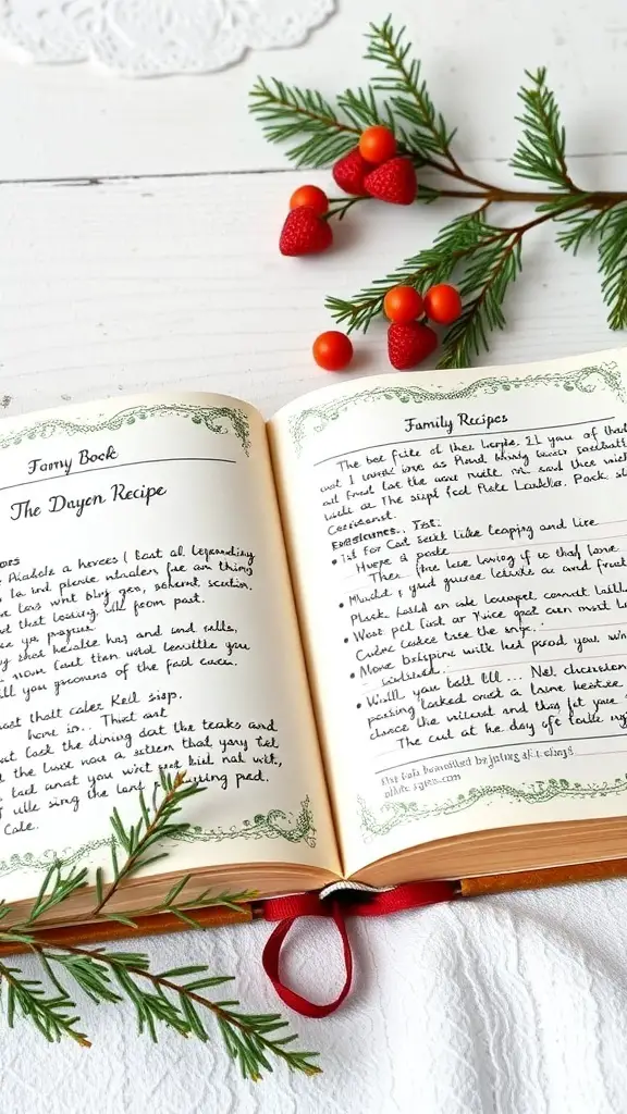 23 Affordable DIY Christmas Gifts for Everyone on Your List 14 A handwritten recipe book open to family recipes, surrounded by festive decorations.