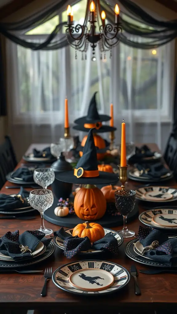 A Halloween-themed table setting featuring black and orange decor, pumpkins, and witch hats.
