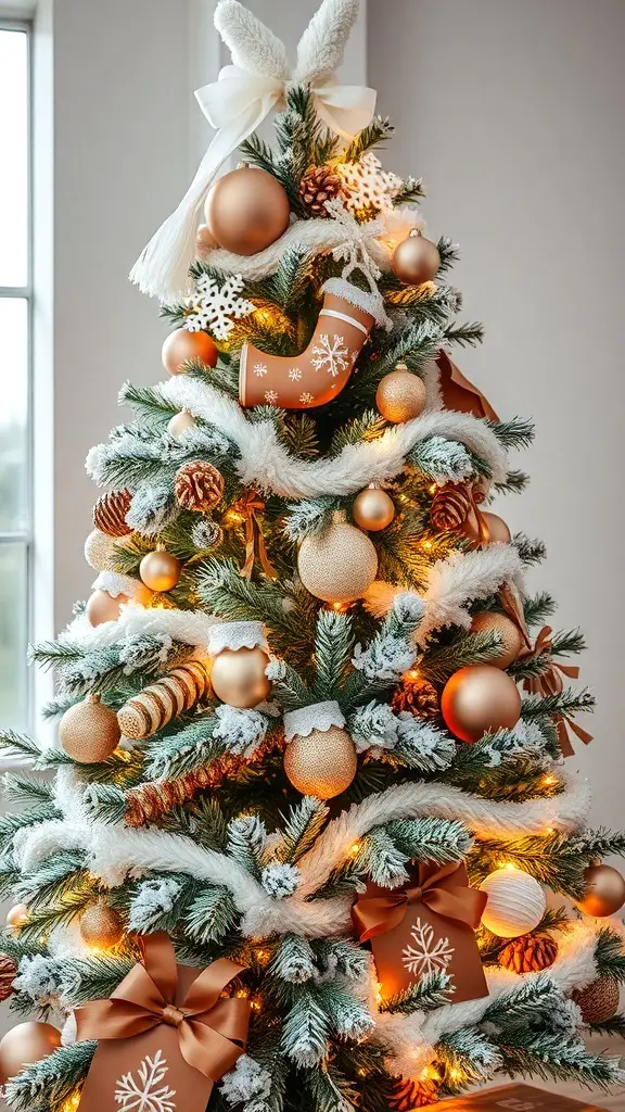 A beautifully decorated brown and white Christmas tree with snowy accents, golden ornaments, and wrapped gifts.