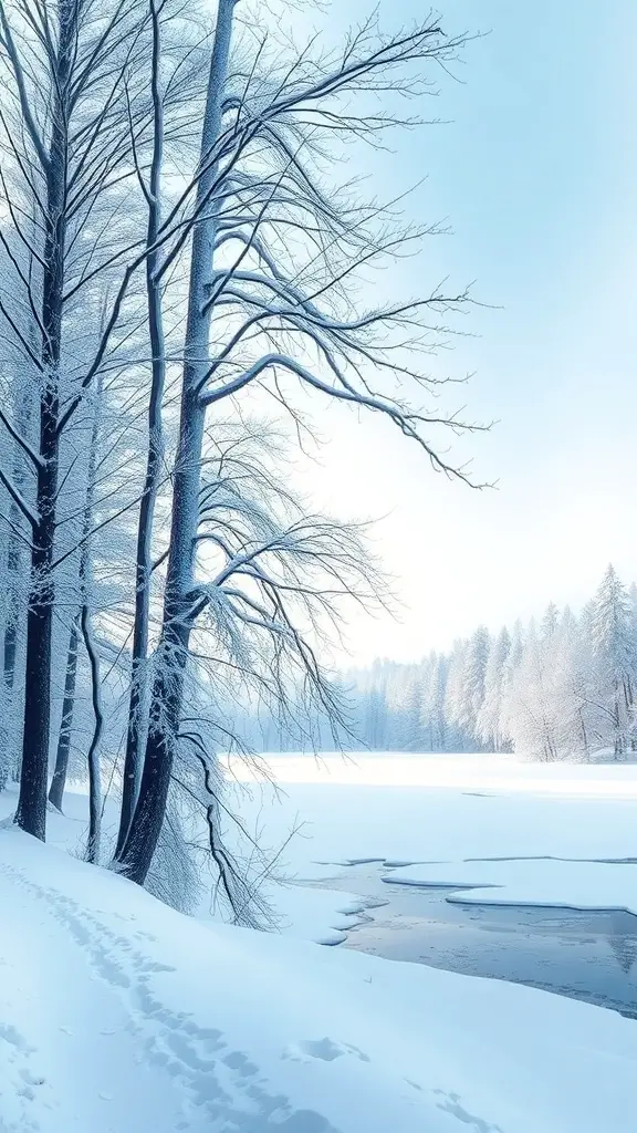 29+ Stunning Landscape Paintings You Need to See 6 A serene winter landscape with snow-covered trees and a frozen lake.