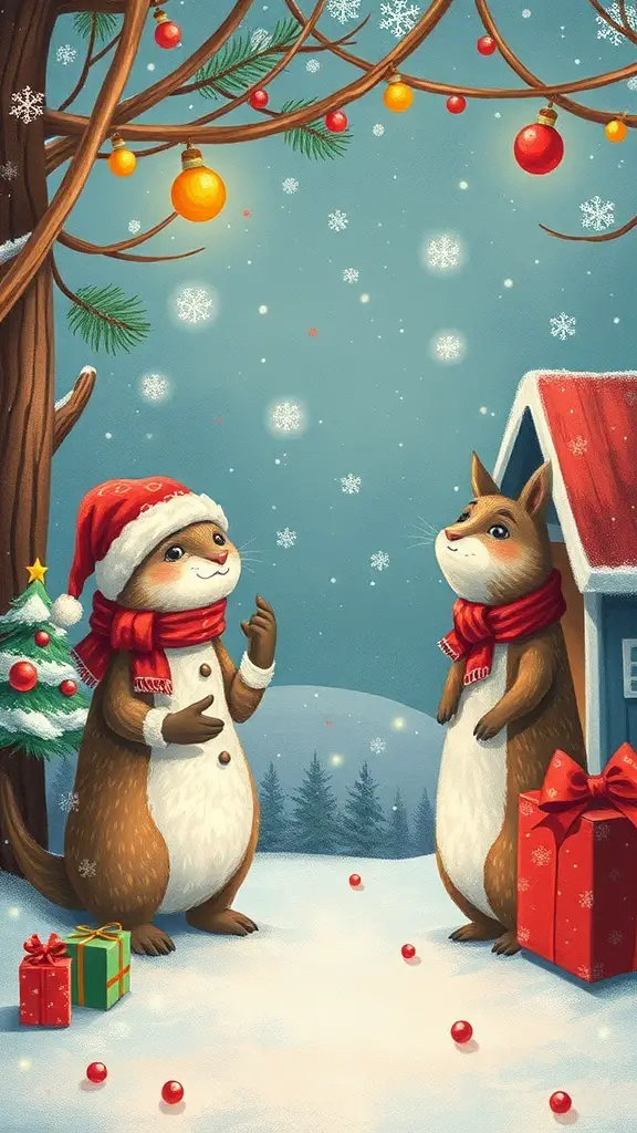 Two anthropomorphic animals celebrating Christmas in a snowy scene