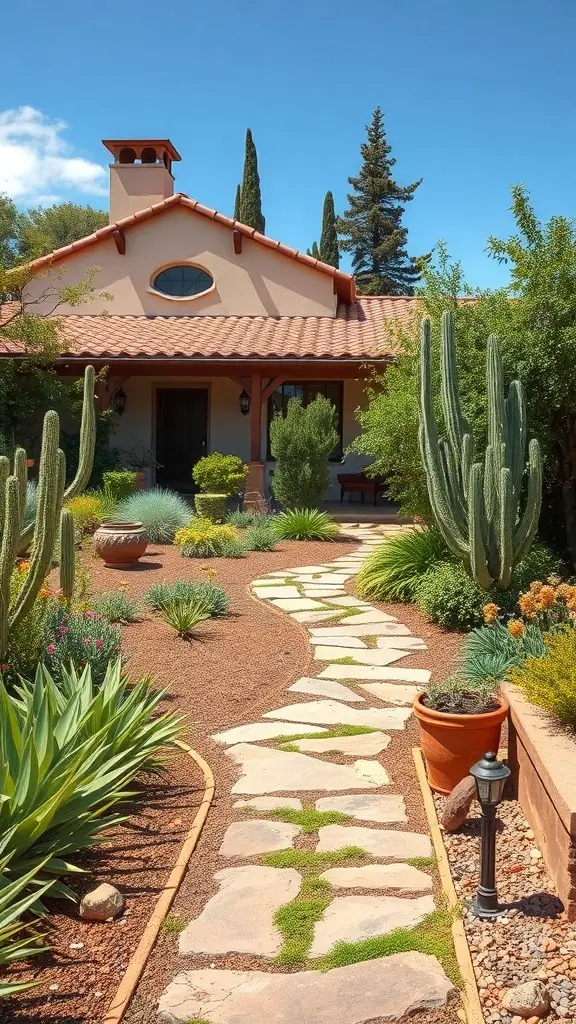 29+ Inspiring Spanish Revival Home Designs You’ll Love 5 Beautifully landscaped Spanish Revival home with stone pathway and various plants.
