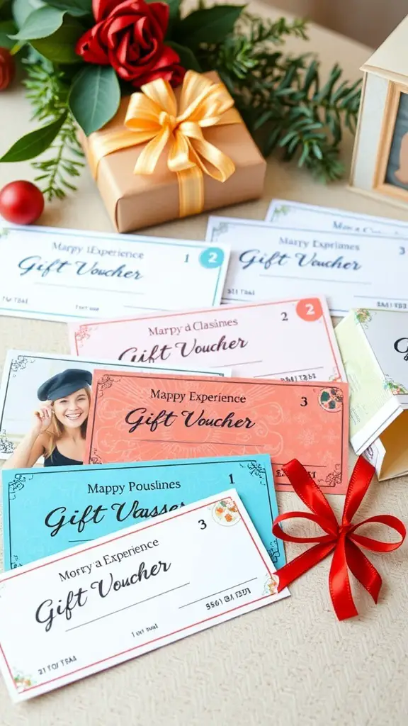27+ Unique Wedding Gifts for Every Couple 4 A collection of colorful experience gift vouchers displayed with a gift box and decorative elements.