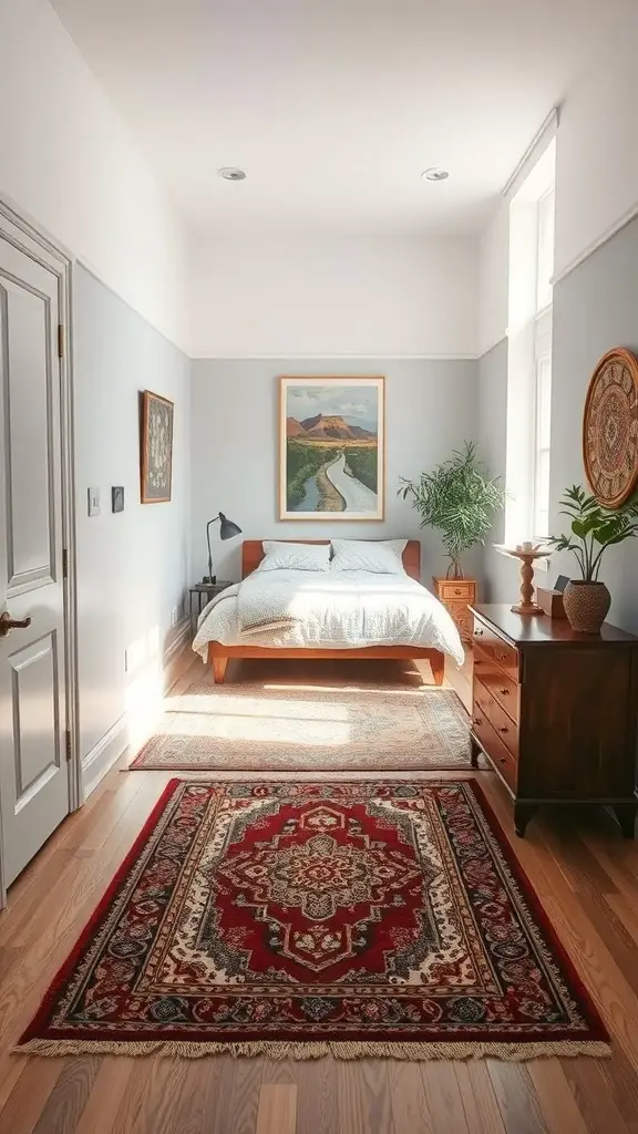 27+ Creative Long and Narrow Bedroom Ideas for Maximizing Space 6 A long and narrow bedroom featuring two area rugs, one under the bed and another near a dresser, creating defined zones.