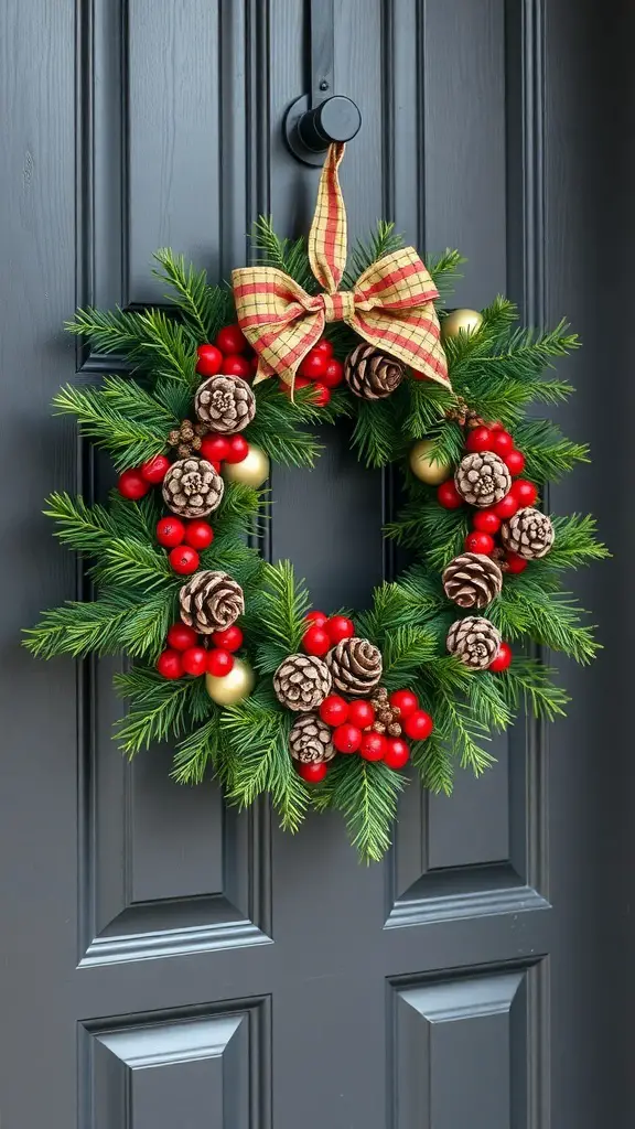 A festive wreath made of pine branches, pine cones, red berries, and golden ornaments, adorned with a plaid bow, hanging on a dark door.