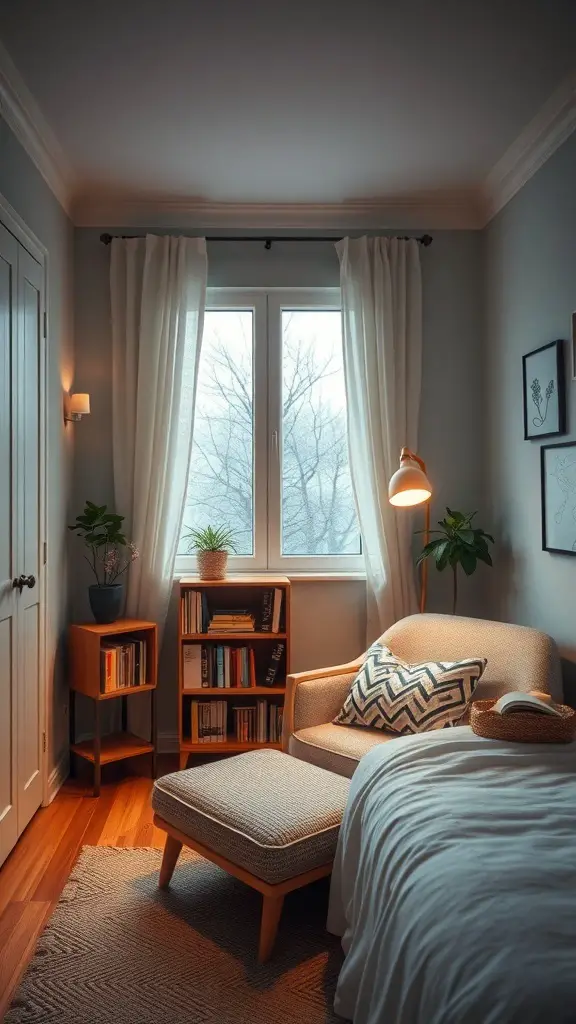 27+ Inspiring Spanish Mediterranean Bedroom Ideas for Your Home 11 Cozy reading nook in a Spanish Mediterranean bedroom with a chair, footrest, bookshelf, and large window.
