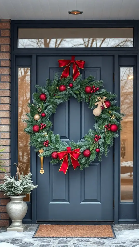 A festive Christmas wreath with red ornaments and a bow on a blue door.