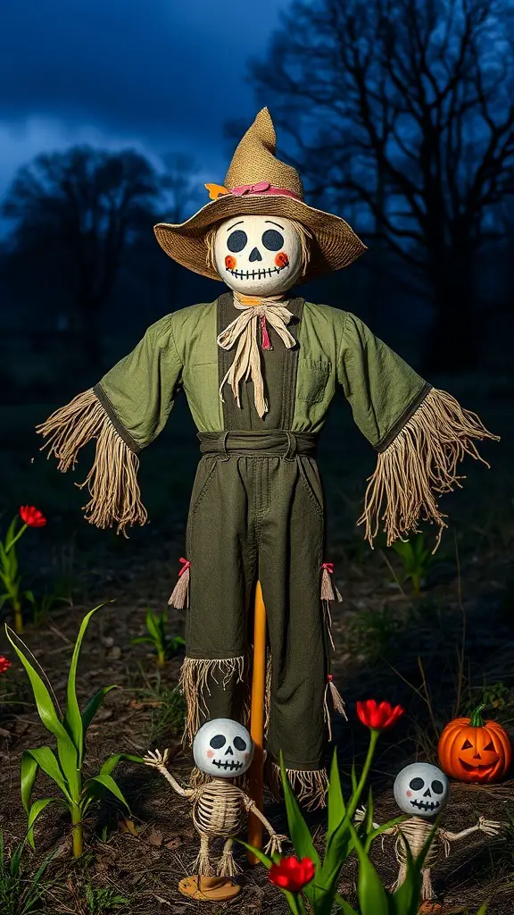 A scarecrow with a skull face, surrounded by flowers and skeleton figures, set against a dark sky.