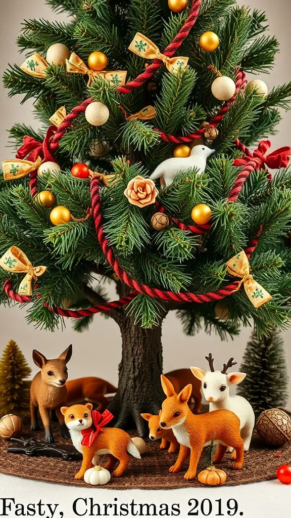 A Christmas tree decorated with woodland animals and natural elements.