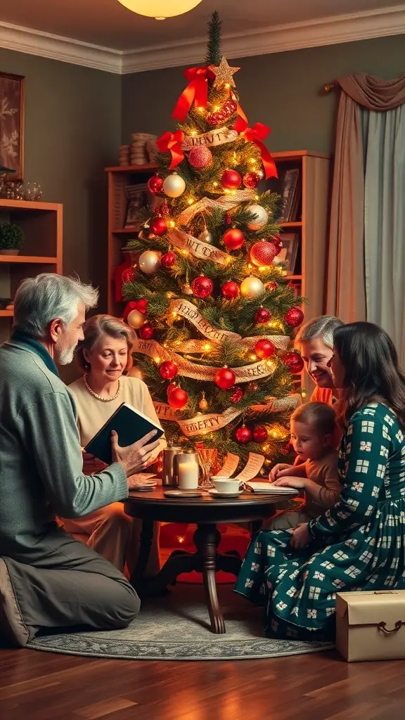 A family gathered around a Christmas tree, sharing stories and enjoying each other's company.