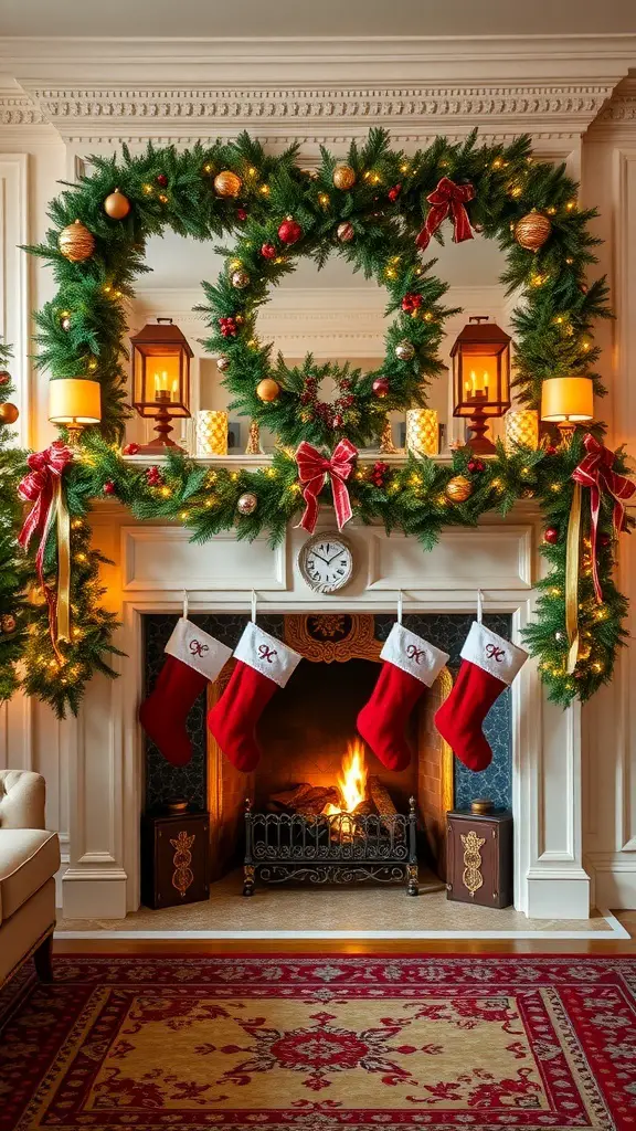 A beautifully decorated fireplace mantel for Christmas with greenery, ornaments, and stockings.