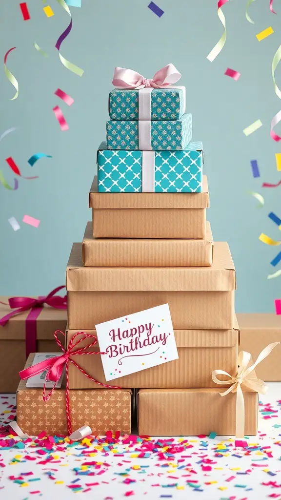A stack of colorful birthday gift boxes with confetti and a 'Happy Birthday' tag.