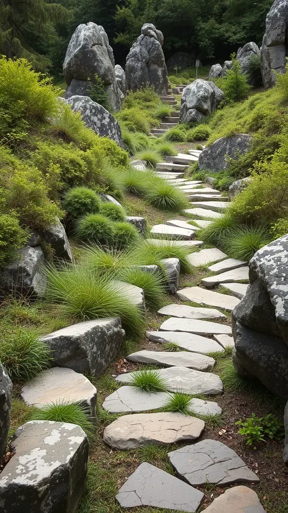 31+ Wild Garden Ideas to Transform Your Outdoor Space 11 A winding stone path through a lush green garden with large rocks and grass.