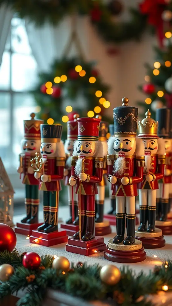 A collection of colorful antique nutcracker figurines displayed with holiday decorations.