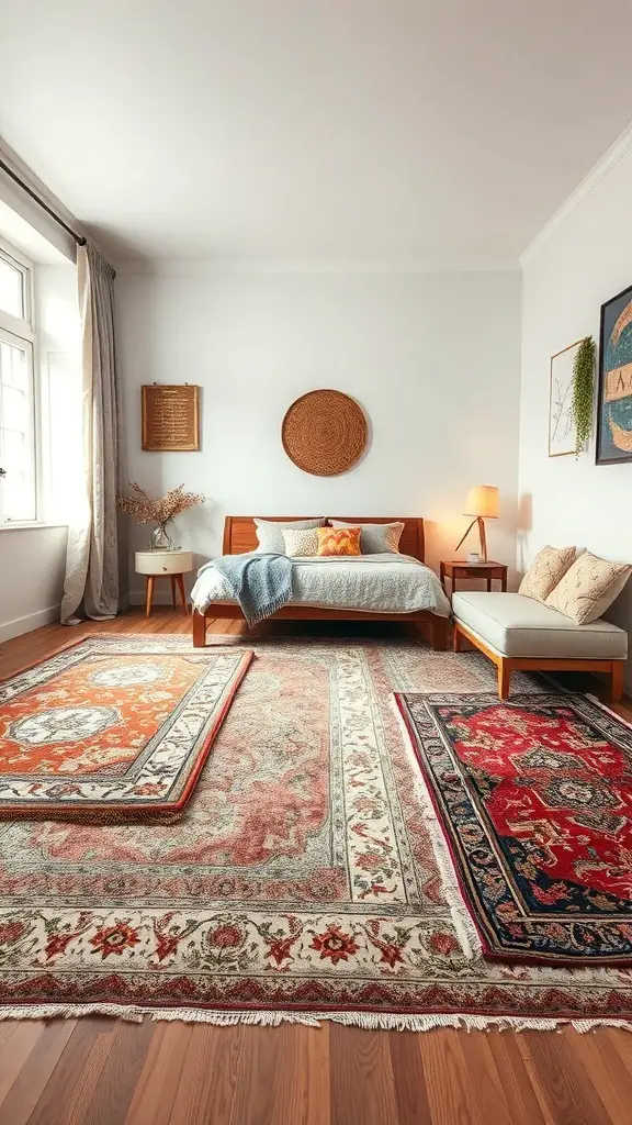 23+ Stunning Bedroom Rug Ideas to Transform Your Space 13 A cozy bedroom featuring layered rugs in various colors and patterns, enhancing the room's depth and dimension.