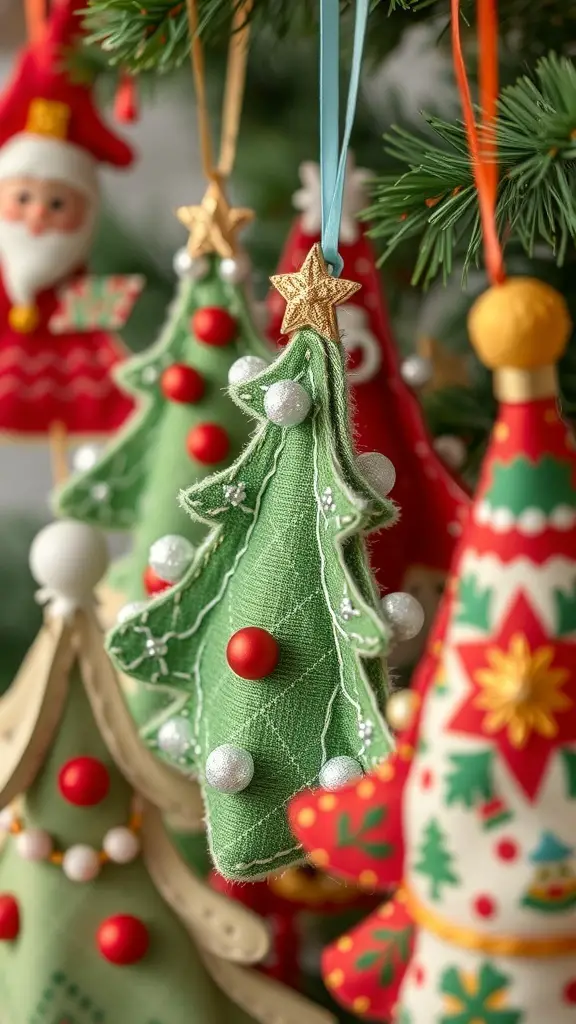 33+ Must-Try Christmas Sewing Patterns for Festive Fun 15 Colorful handmade Christmas tree decorations hanging on a tree