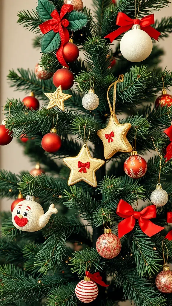 A beautifully decorated Christmas tree with handmade ornaments, including stars, a ghost, and red bows.