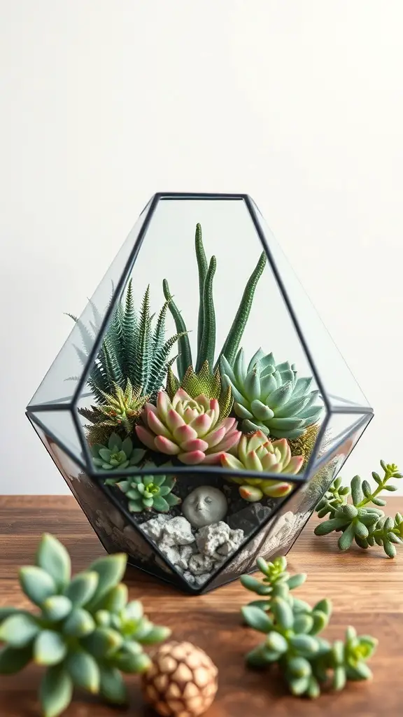 A geometric terrarium filled with various succulents, showcasing a modern design.