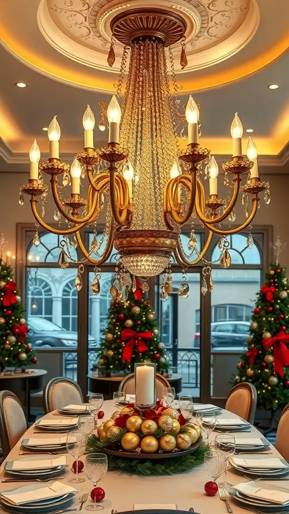 29+ Stunning Christmas Chandelier Ideas to Brighten Your Holidays 8 A glamorous gold leaf chandelier hanging above a festive dining table, surrounded by Christmas trees.
